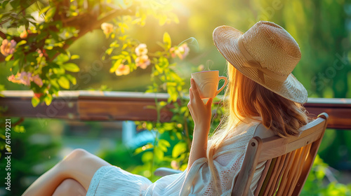 Young woman resting in wooden veranda in summer outdoor. Girl drinking tea in arbor