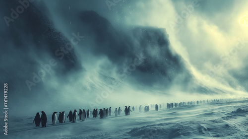 Penguins in a snowstorm in Antarctica.