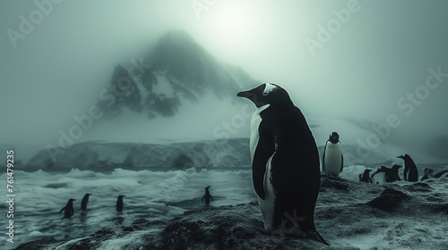Penguins in a snowstorm in Antarctica.