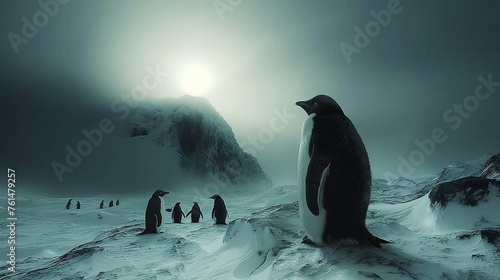 Penguins in a snowstorm in Antarctica.