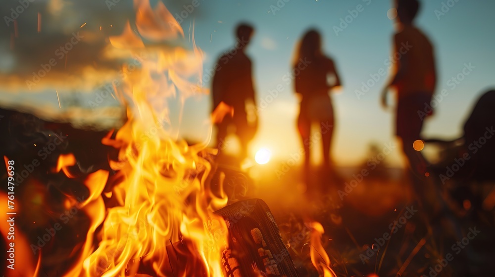 Happy young people tourists sit and chat in the summer, have fun at sunset by the fire on a camping trip. Hiking romance - obrazy, fototapety, plakaty 
