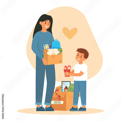 Mum donate big box with clothes, toys to little boy. Adopted boy with mother. Love, family time. Donation