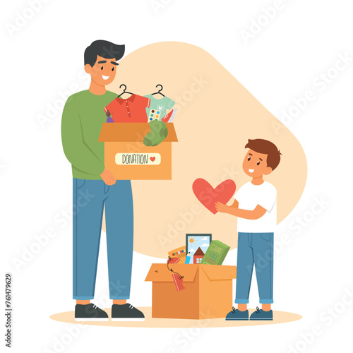 Dad donate paper box with clothes, shoes and toys to a little boy. Adopted boy with father