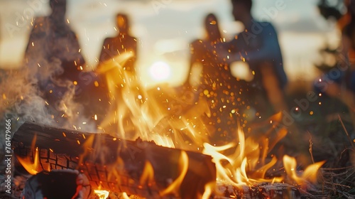 Happy young people tourists sit and chat in the summer, have fun at sunset by the fire on a camping trip. Hiking romance