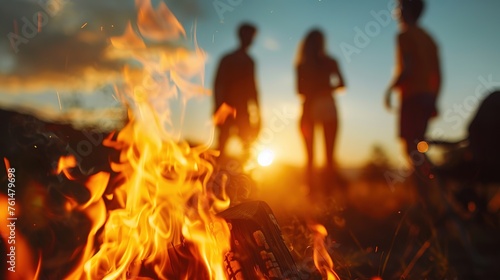 Happy young people tourists sit and chat in the summer, have fun at sunset by the fire on a camping trip. Hiking romance