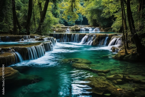 Waterfall in deep forest surrounded by jungle