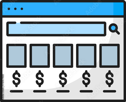 Shopping results. SERP icon. Search engine result page, web commerce traffic and client online shopping activity analysis technology, line vector pictogram, SEO ranking outline symbol or sign