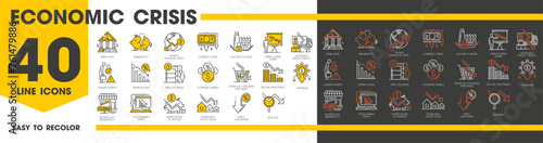 Economic crisis and money loss line icons, downturn and bankruptcy outline symbols vector set. Factory closure, decreased freight traffic or analysis. Unemployment, depreciation and decline investment