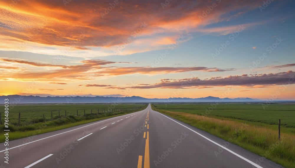 A long empty road stretching into the horizon painted in the colors of a deep mesmerizing sunset