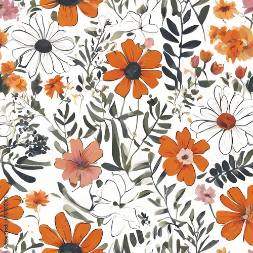 seamless floral pattern , muted colors, with white background 