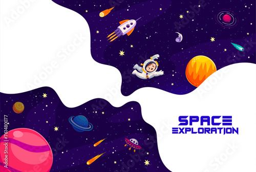 Space exploration banner, cartoon kid astronaut in galaxy outer space. Vector background with funny baby cosmonaut or spaceman flying in weightlessness exploring the Universe, ufo and rocket launch