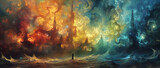 The clash of tumultuous fiery skies and tranquil oceanic forces creates a powerful visual metaphor for inner conflict and balance