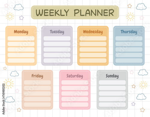 Weekly planner for kids printable template. School timetable for schoolmates. Children schedule for a week for planning daily routine, classes, hobbies. Back to school planner with rainbows and stars.