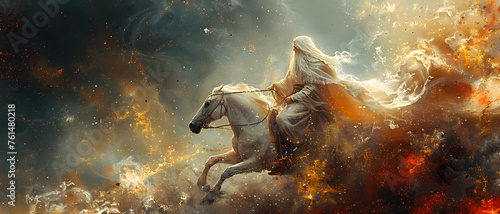 An ethereal figure on horseback gallops through a surreal  fiery landscape  invoking a sense of mystery and adventure