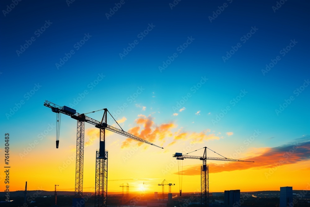 Time-lapse view of a bustling construction site at dawn, cranes and workers in a symphony of progress and development
