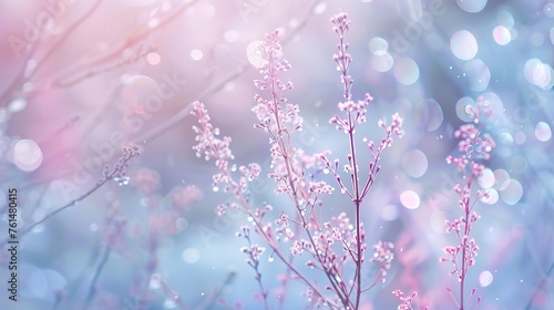 Delicate branches flowers on a toned soft blue and pink background outdoors close up. Spring summer floral background. Light air, gentle artistic image, free space.