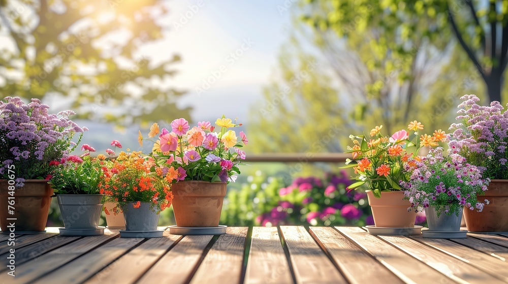Blooming flowers in pots on the wooden floor of the veranda in spring. Gardening and floriculture background