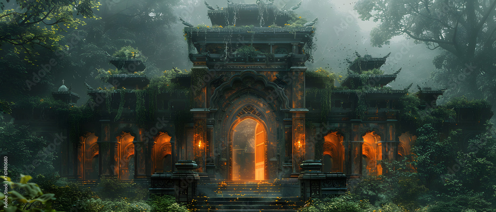 This breathtaking image captures an ancient, mystical temple glowing warmly amidst a dense, misty forest
