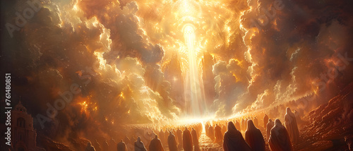 A breathtaking scene featuring robed figures in awe of a majestic towering beam of golden light