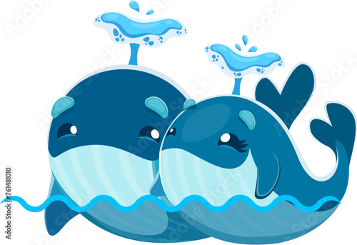 Cartoon cute kawaii whale characters. Isolated vector two adorable sperm whale cachalots, their round eyes shimmering with joy, sweet couple, swimming through a sea of happiness together