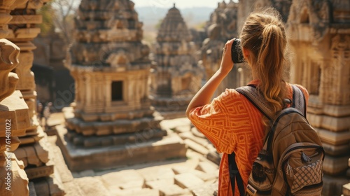 A solo female traveler exploring ancient ruins in a foreign country,  marveling at the intricate carvings and architecture while taking photos with a digital camera © basketman23