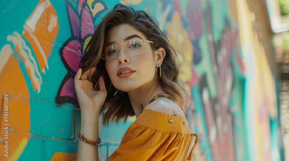Fototapeta premium A stylish young woman posing confidently against a colorful street mural in a trendy urban neighborhood, wearing a chic outfit and accessorizing with statement jewelry