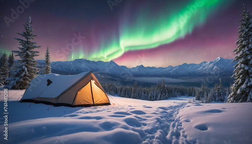 Camping At Night, Beneath The Enchanting Dance Of The Aurora, Set Against A Snow-Kissed Landscape, Captured Through The Lens Of Unreal Engine