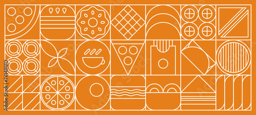 Wheat and bakery bread in abstract modern line geometric pattern, vector background. Bakery mosaic tile or linear pattern of pastry cake, bread, pizza and bun with flour or cookie biscuits and waffle