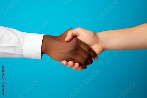 A close view of a handshake between hands of different skin tones, embodying respect, friendship, and racial equality
