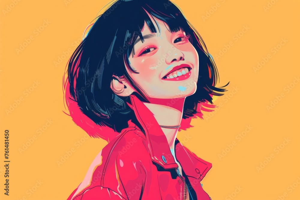 ポップカルチャー風のボブヘアの東京の女の子（ストリートファッション・デジタルアート・原宿・渋谷）