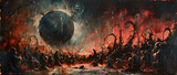 Dark, ominous art piece featuring nightmarish figures, a foreboding moon, and a sense of doom in an apocalyptic setting