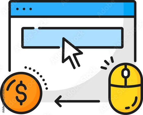Per click. SERP icon. Search engine result page, search engine result page optimization, SEO audit or website traffic analysis web content ranking symbol with search window, coin and computer mouse