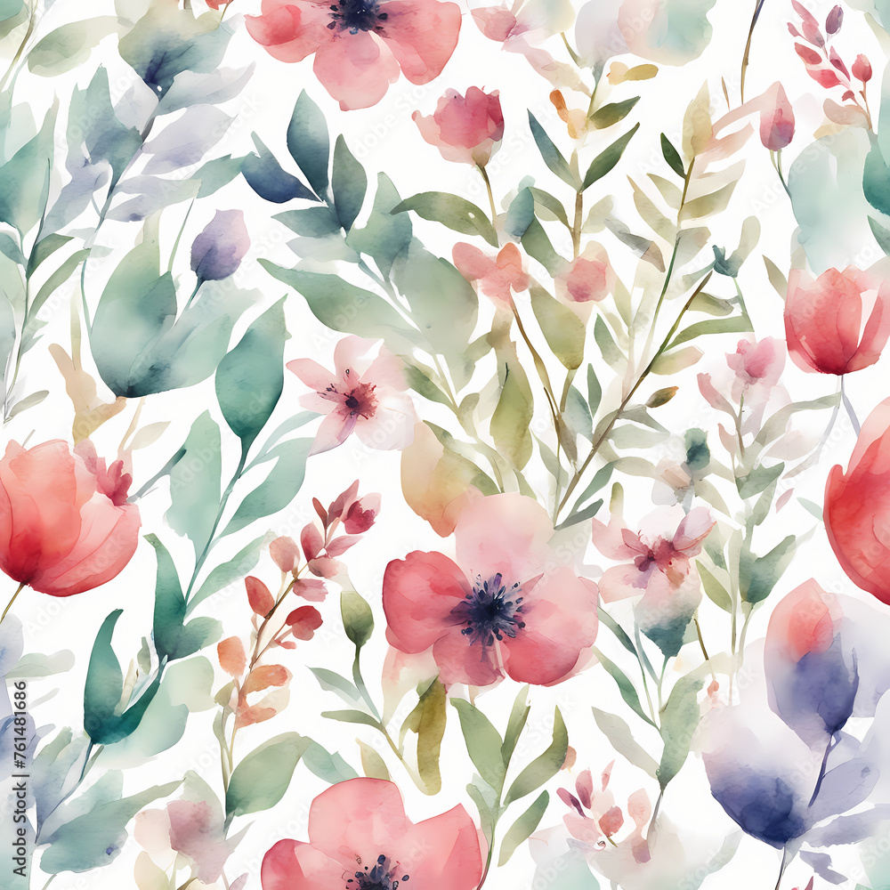 seamless floral pattern , muted colors,  with white background 
