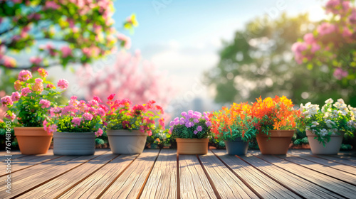 Flowers in pots stand on a spring terrace on a wooden floor