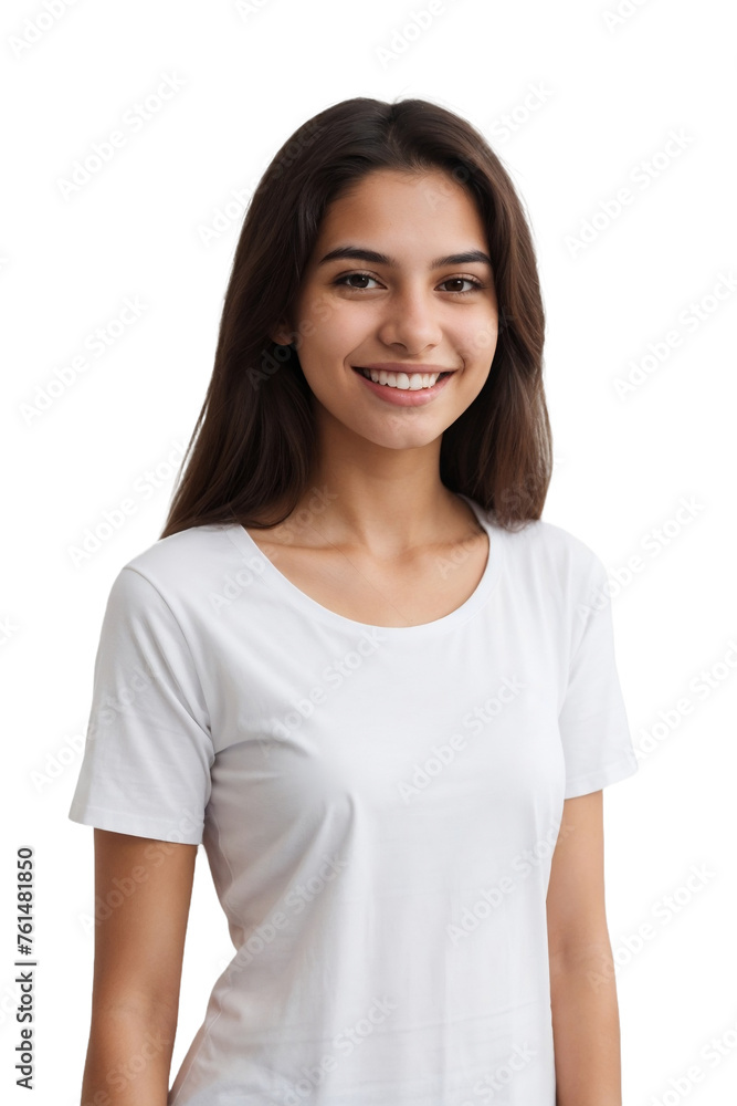 Young Brazilian woman in a white shirt, smiling and looking at the camera, isolated, transparent background, no background. PNG. Young Brazilian woman in a white shirt, smiling and looking at the camera, isolated, transparent background, no background. PNG.
