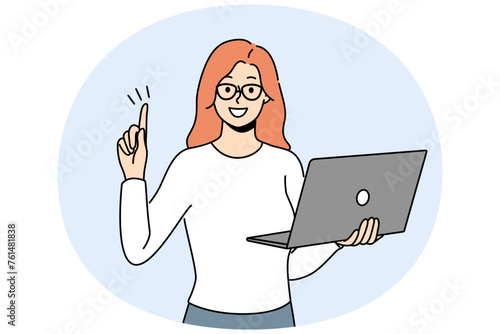 Smiling businesswoman with laptop in hands put finger in air excited about innovative idea. Happy woman employee generate business thought work on computer. Vector illustration.