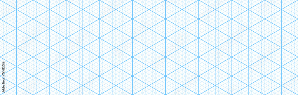 Blue isometric triangular grid pattern, paper mesh background. Seamless guide for engineering or mechanical layout drawing and sketching. Blueprint for architecture and design projects - obrazy, fototapety, plakaty 