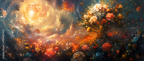 A stunning digital artwork depicting a cosmos scene bursting with colorful flowers and dynamic light effects