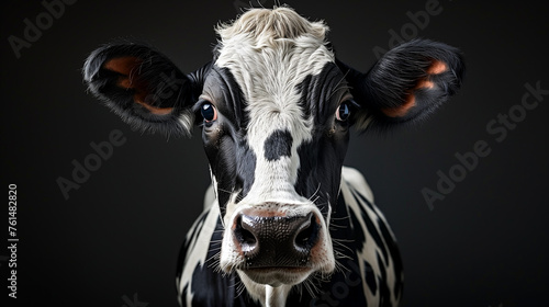 Portrait of spotted cow on black background.