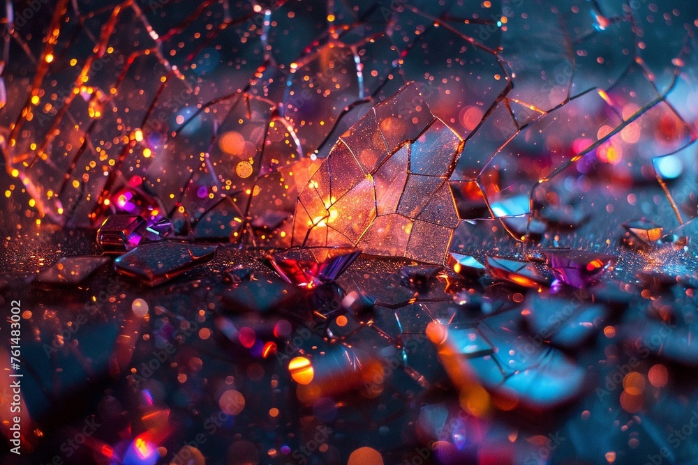 Enchanted mirror, colorful glass shards, magic sparks, dimly lit, wide-angle view - obrazy, fototapety, plakaty 