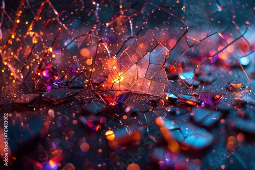Enchanted mirror, colorful glass shards, magic sparks, dimly lit, wide-angle view photo