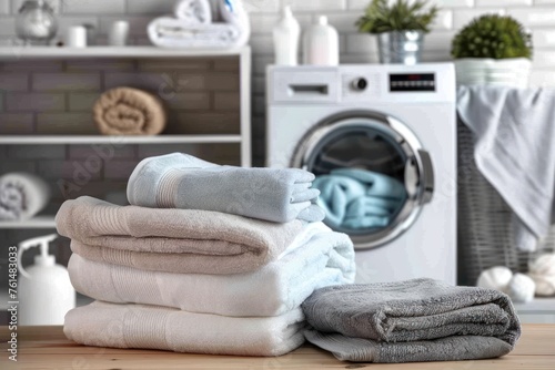 A stack of towels with a washing machine in the background