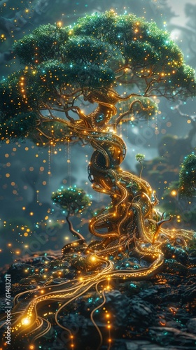 Tree entwined with magic technology, where nature and innovation coexist photo