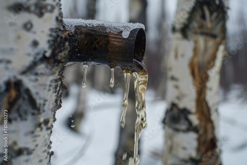 a pipe sticking out from a birch tree and birch sap flowing