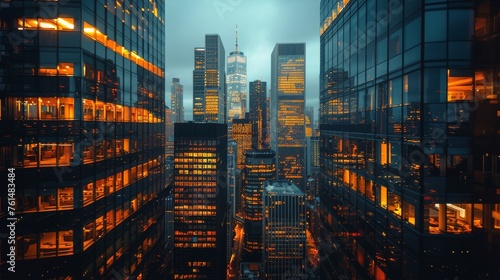 Tall Buildings in a City at Night