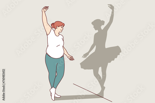 Overweight woman dreams of becoming ballerina and getting rid of excess weight, sees shadow of thin girl on wall. Concept of high self-esteem in overweight girl, does not notice problems