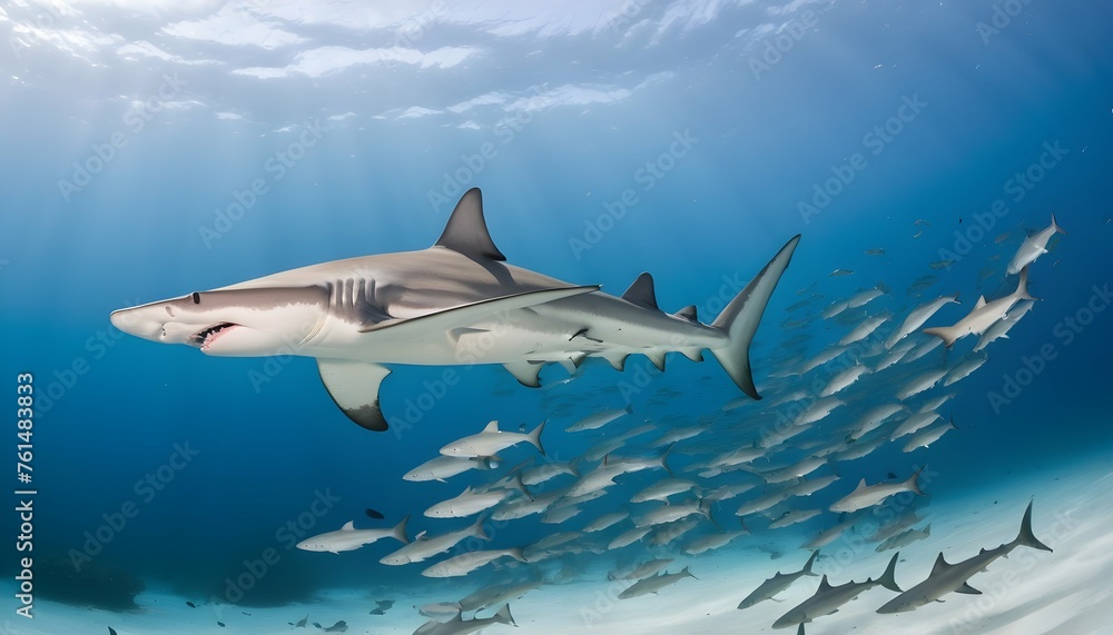 A Hammerhead Shark Hunting In A School Of Fish