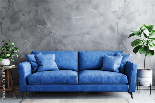 Scandinavian Loft Home with Blue Sofa Against Concrete Wall