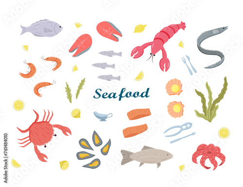 Seafood icons elements in color. Vector illustration of seafood and sea cuisine.