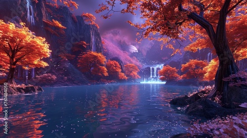 A breathtakingly magical forest scene set in autumn with fiery orange leaves and a luminous river reflecting a twilight glow.
